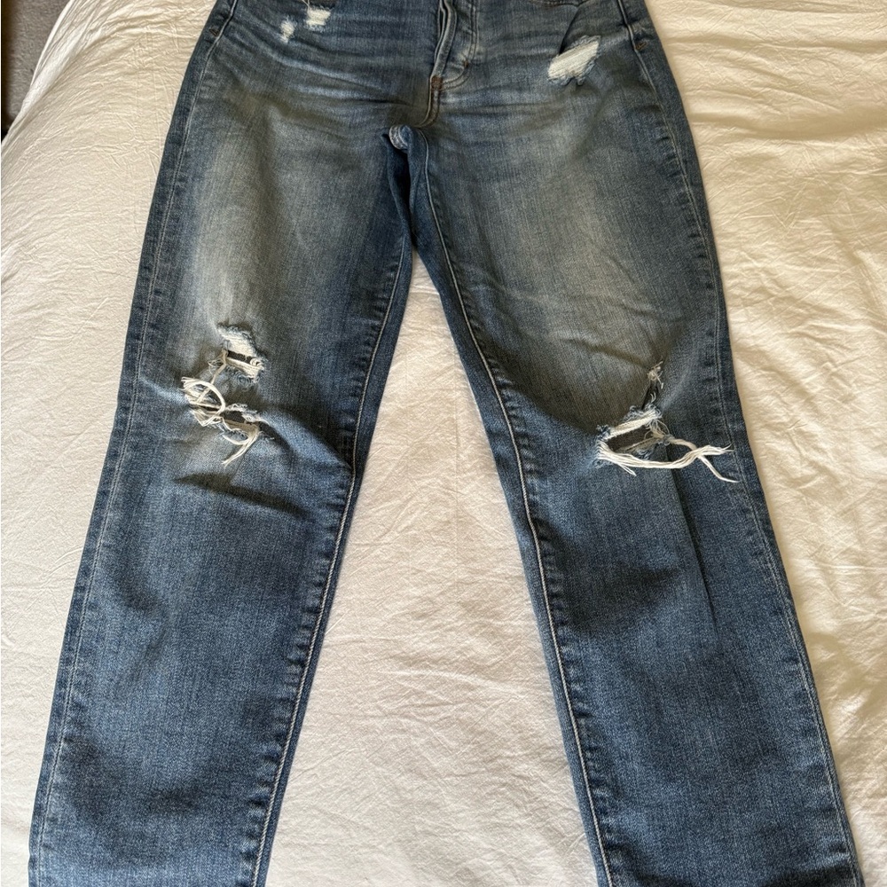 Classic Blue Straight Leg Jeans with Natural Distressing